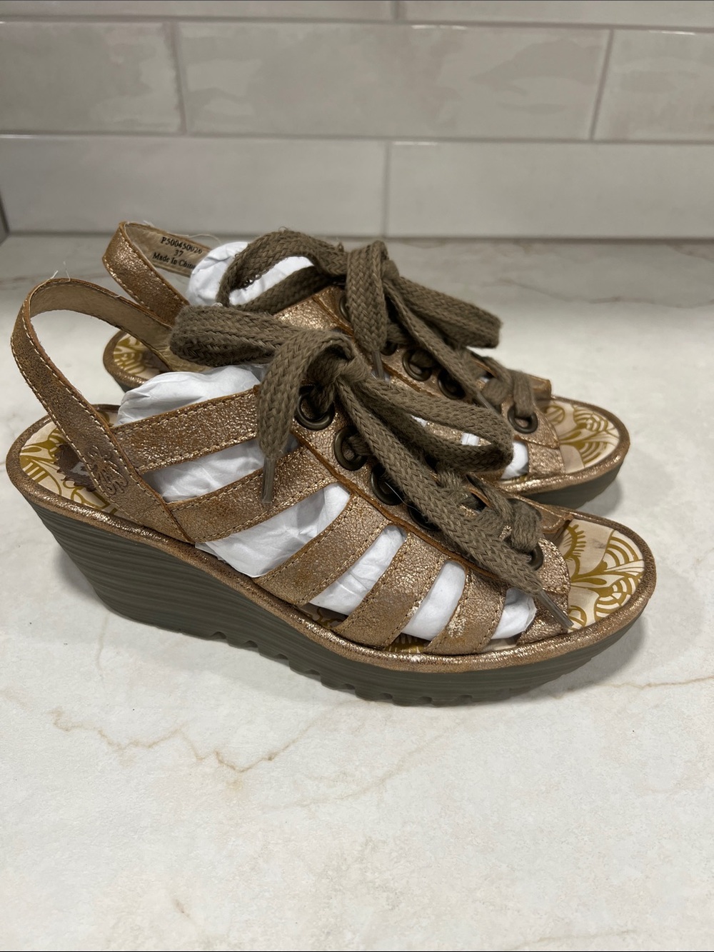 Fly London Metallic Bronze Wedge Sandals with Olive Lace-Up